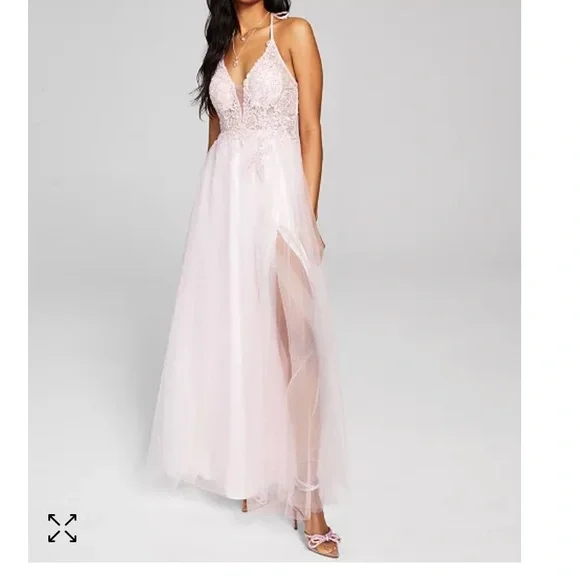 Blondie Nites Womens Pink Mesh Embroidered Embellished Zippered Slitted Lined Gauzy Halter Full-Length Evening Gown Dress 13